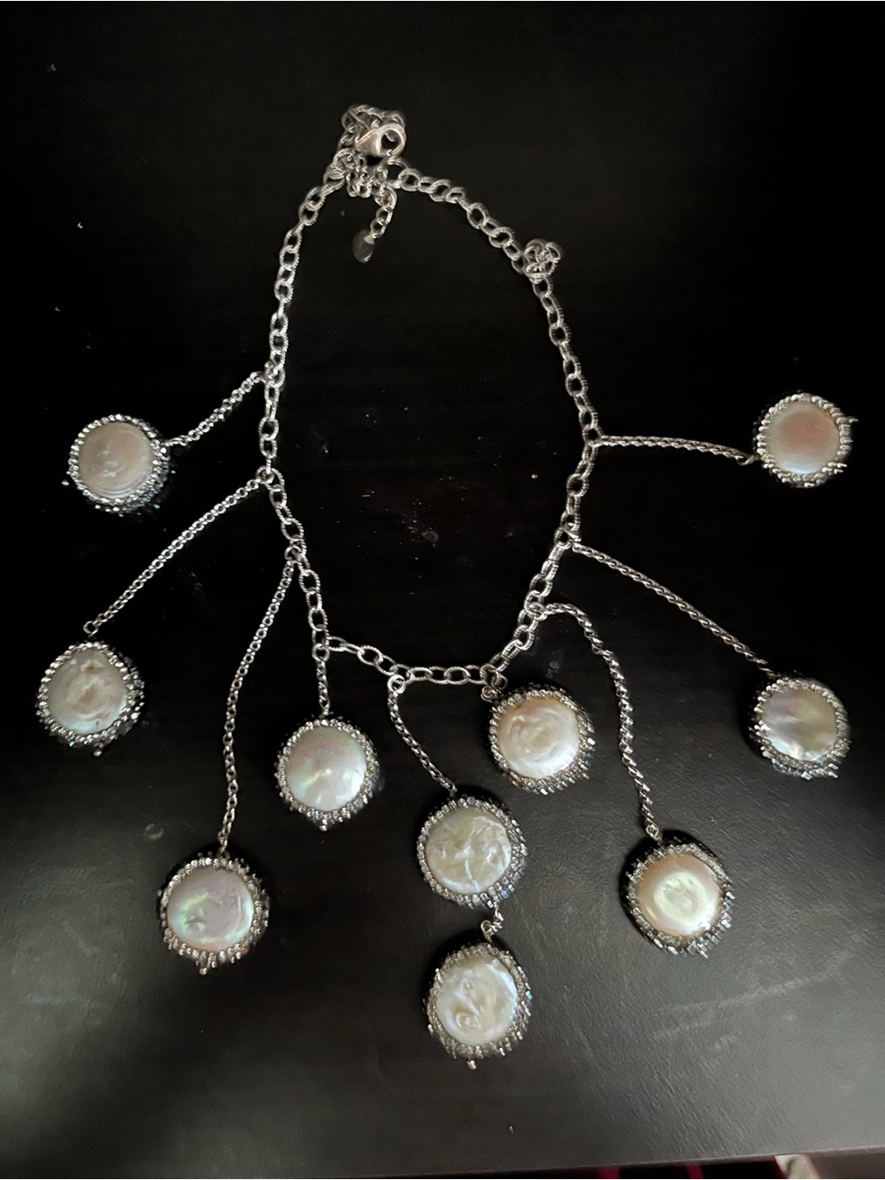 Silver Pearl Drop Fringe Necklace - White Coin Pearls